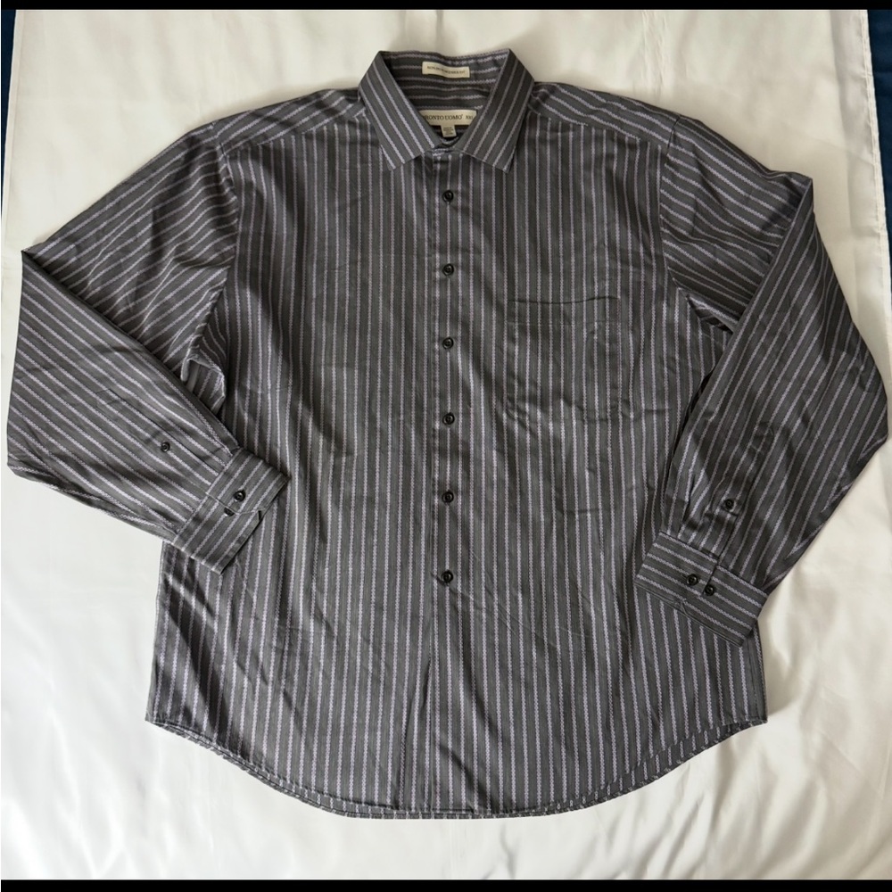 Pronto Uomo Non-Iron Modern Fit Vertical Stripe Design Gray & Purple Dress Shirt